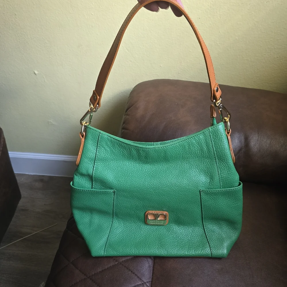 Valentina Green and Tan Hobo Bag with Leather Accents - Picture 4 of 10